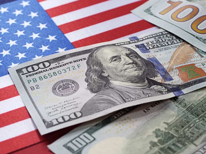 American,Money.,100,Dollars,On,The,American,Flag.,World,Economic