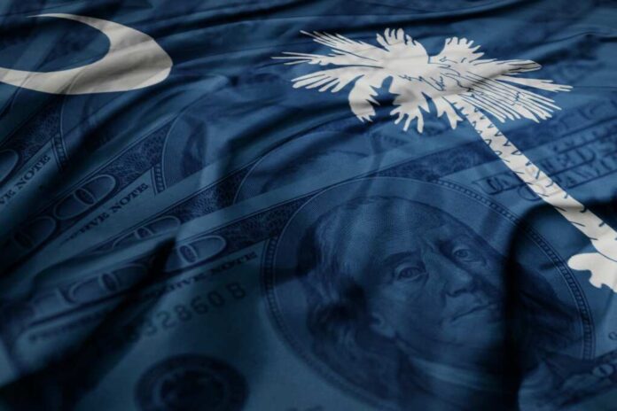 Waving,Colorful,South,Carolina,State,Flag,On,The,Dollar,Money