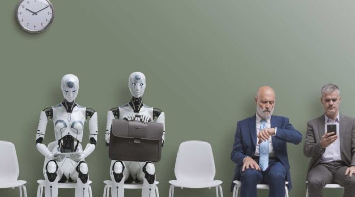 Business,People,And,Humanoid,Ai,Robot,Sitting,And,Waiting,For