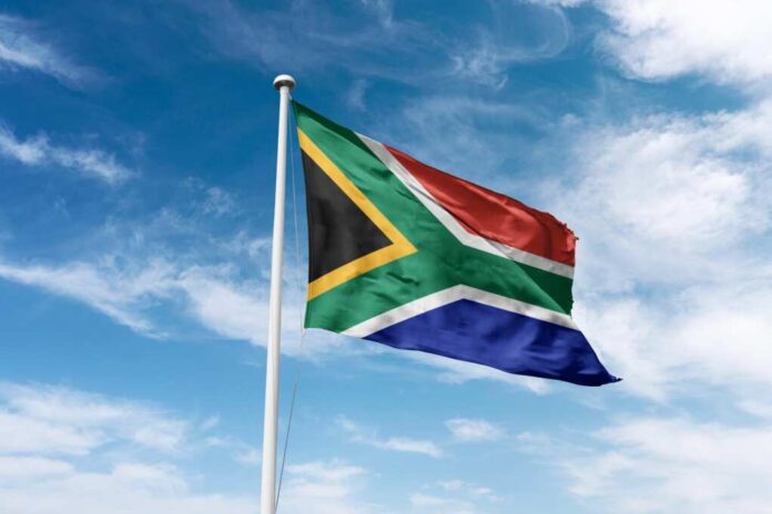 South,Africa,Flag,Waving,At,Cloudy,Sky,Background.,The,Republic