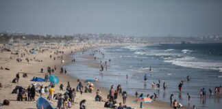A busy beach with people sunbathing and playing in the water