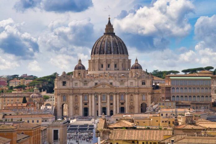St. Peters Basilica in Vatican City under a cloudy sky