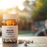 Bottle of niacin capsules on a wooden surface with a blurred background