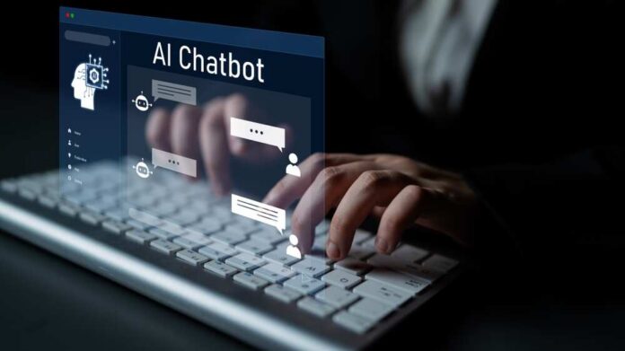 Person typing on a keyboard with a digital AI chatbot interface displayed