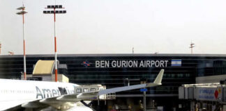 An airplane parked at Ben Gurion Airport with the terminal in the background