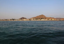 A coastal view featuring a village by the sea and mountains in the background