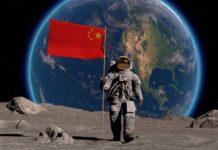 An astronaut on the moon holding a Chinese flag with Earth in the background