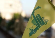 Close-up of a yellow flag with a green design