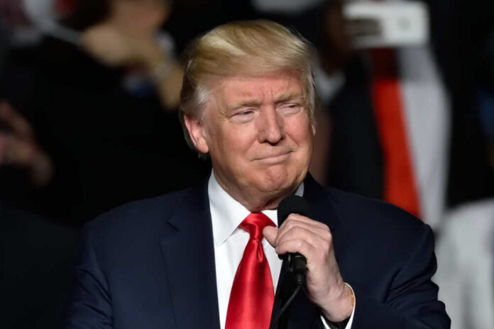 Donald Trump speaking at a rally with a microphone