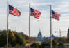 MAGA Rally Replaces America’s Birthday Bash? Three American flags waving in front of the Capitol building in Washington D.C.