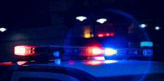 Close-up of police car lights flashing at night