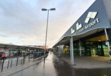 Exterior view of Luton Airport with a cloudy sky