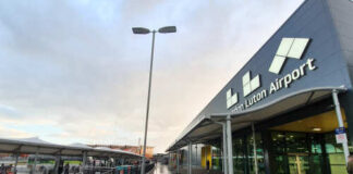 Exterior view of Luton Airport with a cloudy sky