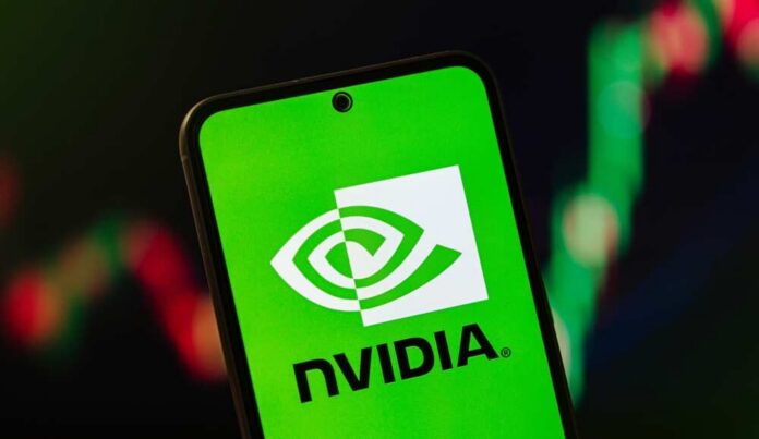 Nvidia,Logo,On,Smartphone,Screen,With,Stock,Market,Chart,In NVIDIA logo displayed on a smartphone screen with a green background