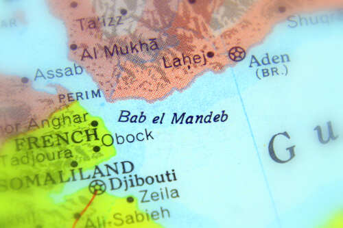 The,Strait,Of,Bab,Al-mandab,,Located,In,The,Horn,Of Close-up of a geographical map highlighting Bab el Mandeb and surrounding regions