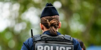 Back view of a police officer wearing a uniform and a police vest