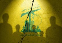 Silhouettes of two figures against a yellow background featuring Hezbollah's emblem