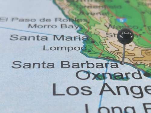 Santa,Barbara,,California,Marked,By,A,Black,Tack,Map.,This A map of California with a pin marking Santa Barbara