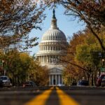 U.S. Capitol dome framed by a tree-lined street
