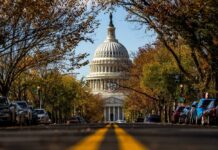 U.S. Capitol dome framed by a tree-lined street