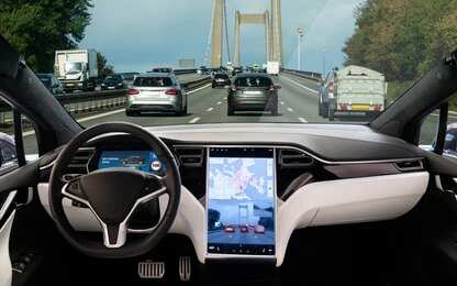 1174395055 Car interior with large touchscreen showing navigation on a busy highway