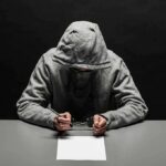 Person in gray hoodie writing while handcuffed at a table