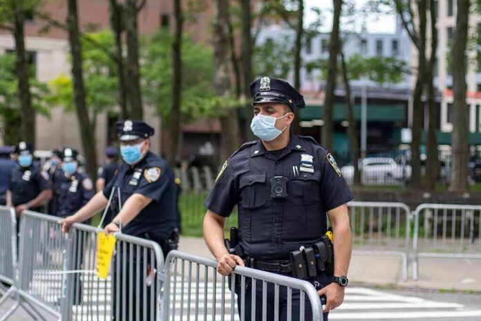 shutterstock_1749811934-1 Police officers in masks standing by metal barricades outdoors
