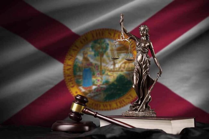 Lady Justice statue with gavel and book before Florida state flag