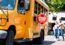 Bus Stop Standoff Sparks Florida Firestorm School bus with extended stop sign near students on sidewalk