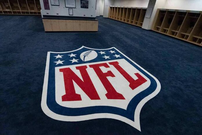 NFL logo on the floor of an empty locker room