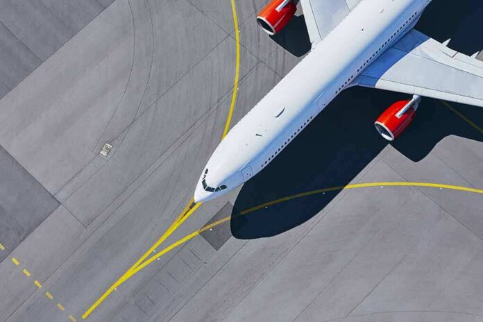 shutterstock_1189545343 Airplane taxiing on airport tarmac from above