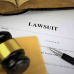 Lawsuit documents with gavel, pen, and legal book