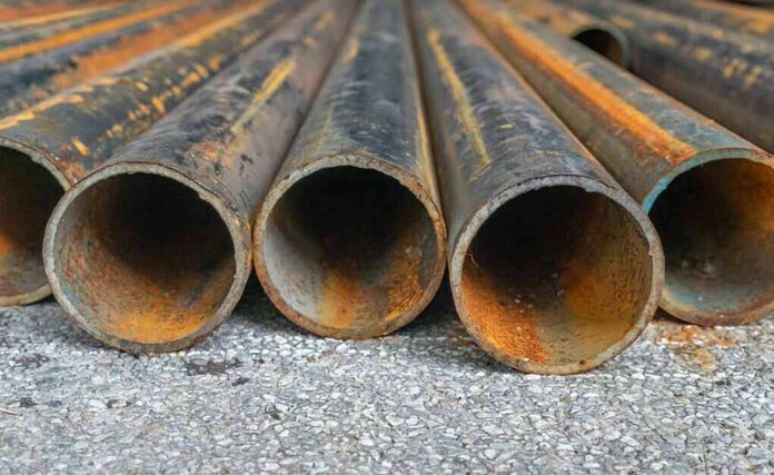 Rusty metal pipes laid on gravel