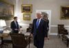 Trump – Xi Showdown: Stakes Go Nuclear Donald Trump walks through an office with Sean Lawler nearby and Mariano Rajoy following behind