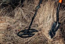 Metal detector and shovel in dry grass