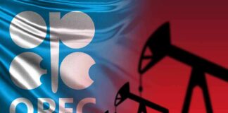 OPEC logo over blue flag with silhouettes of oil pumpjacks