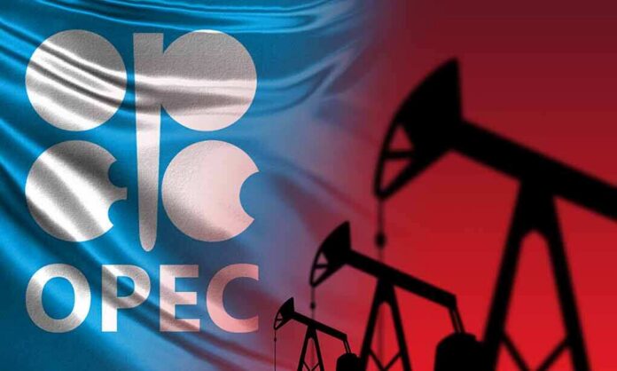 OPEC logo over blue flag with silhouettes of oil pumpjacks