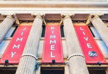 Backlash Erupts After Kimmel Monologue Exterior view of the Jimmy Kimmel Live studio with large red banners