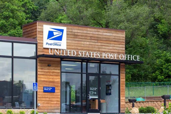shutterstock_206357437 Exterior view of a modern United States Post Office building surrounded by greenery
