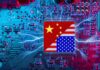 Microchip with China and USA flags on circuit board