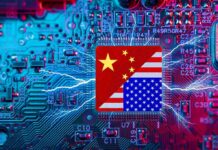 Microchip with China and USA flags on circuit board