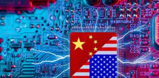 Microchip with China and USA flags on circuit board