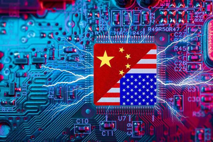 shutterstock_2277418639 Microchip with China and USA flags on circuit board