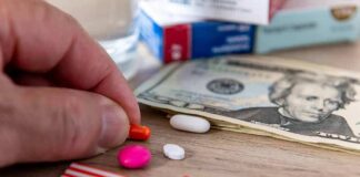 Hand picking an orange pill beside US and China flags and cash