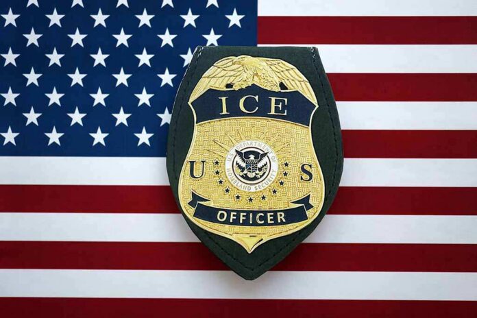 Kyiv,,Ukraine,-,September,17,,2025,Us,Ice,Officer,Badge ICE officer badge on American flag background