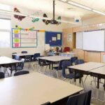 Empty classroom with tables, chairs, and a whiteboard