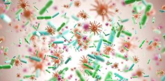 Colorful microscopic bacteria and viruses floating in space