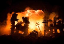 Ukraine Hit After Trump’s ‘Immediate’ Truce City ruins ablaze with a massive explosion behind collapsed buildings