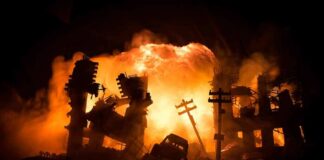 City ruins ablaze with a massive explosion behind collapsed buildings