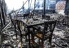 Burned dining tables and chairs in a fire-damaged building